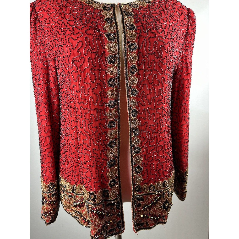 *Flawed* Vintage Laurence Kazar Silk Beaded Embellished Jacket Red Plus Size 2X - Picture 11 of 16